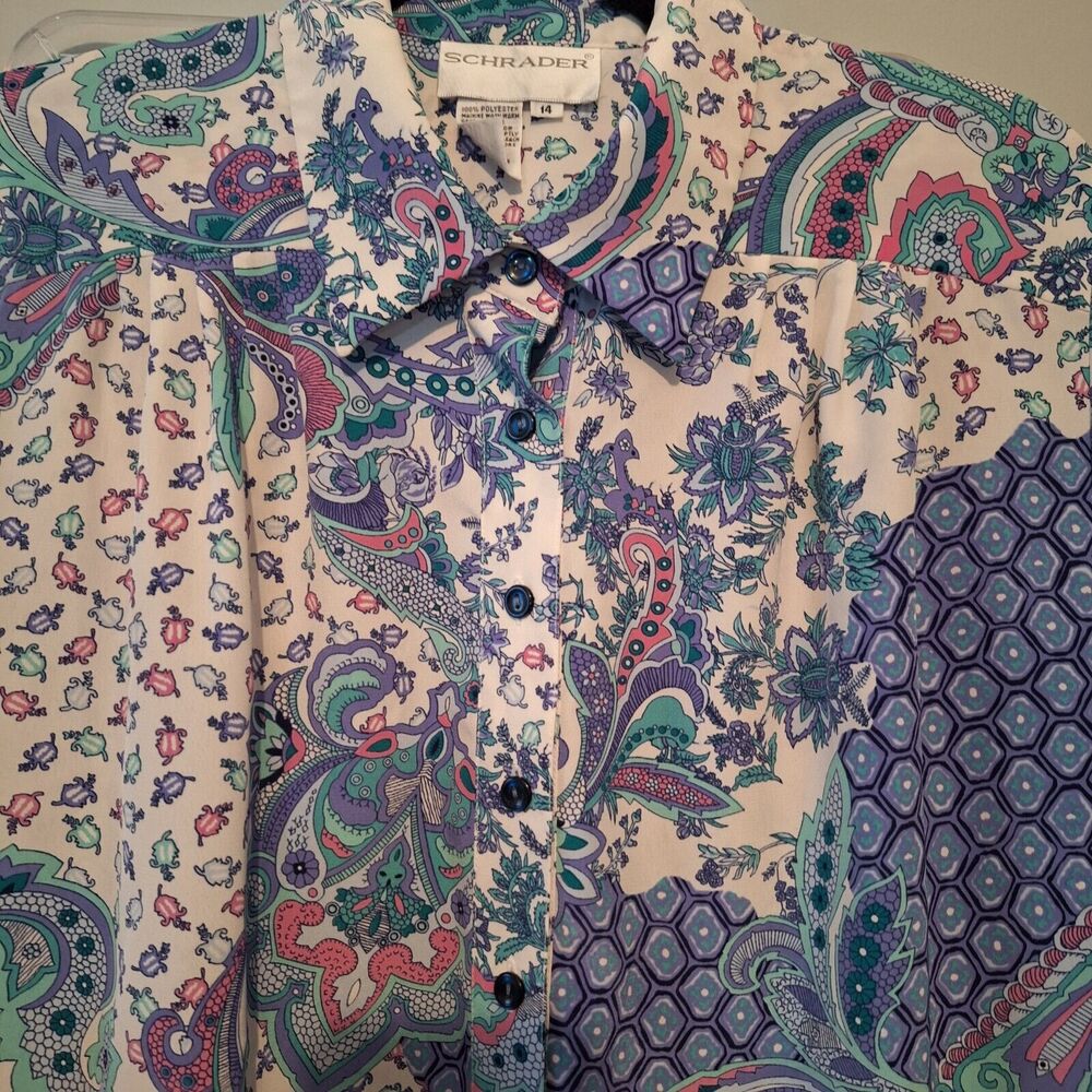 Vtg Schrader Button Blouse Maxi Skirt Set Womans 14 Pastel‎ Asian Paisley Floral